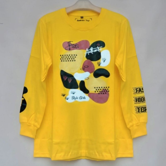 Promo Ramadhan  - Kaos Wanita Lengan Panjang Fashion Kuning Kunyit - L - Sedia kaos lengan panjang k