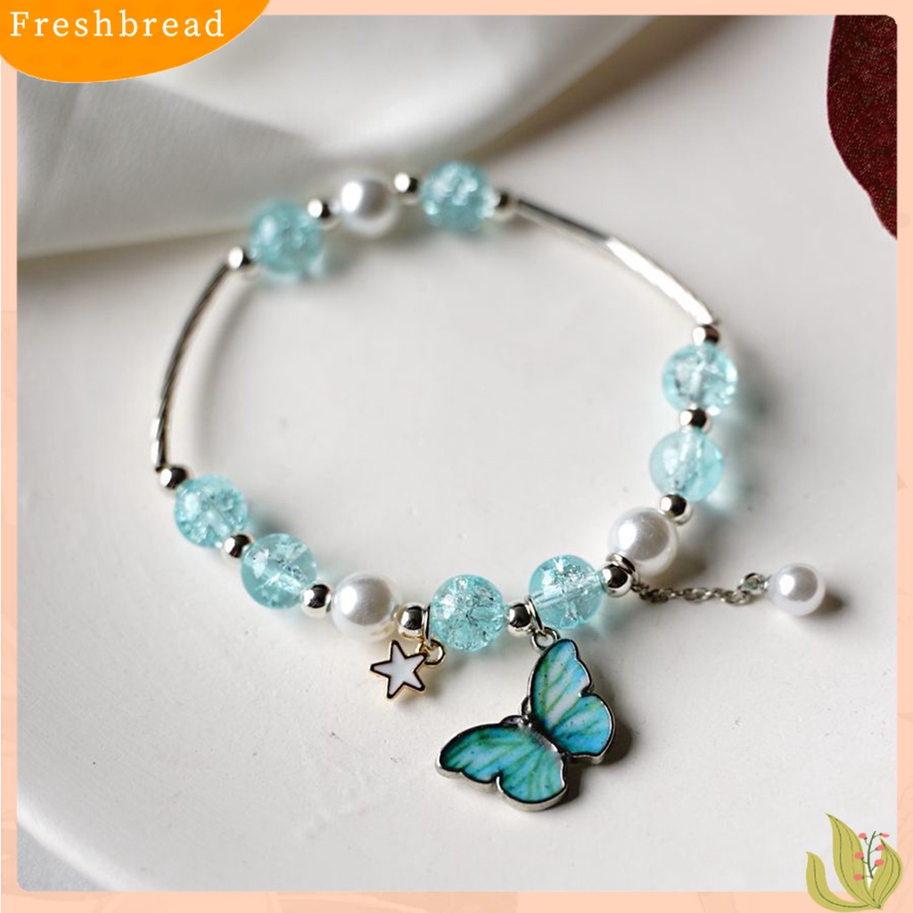 < Freshbread > Wanita Gelang Retro Temperamen Hias Manik-Manik Elastis Perhiasan Hadiah Electroplating Indah Kupu-Kupu Pesona Mutiara Imitasi/Bola Kristal Wanita Bangle