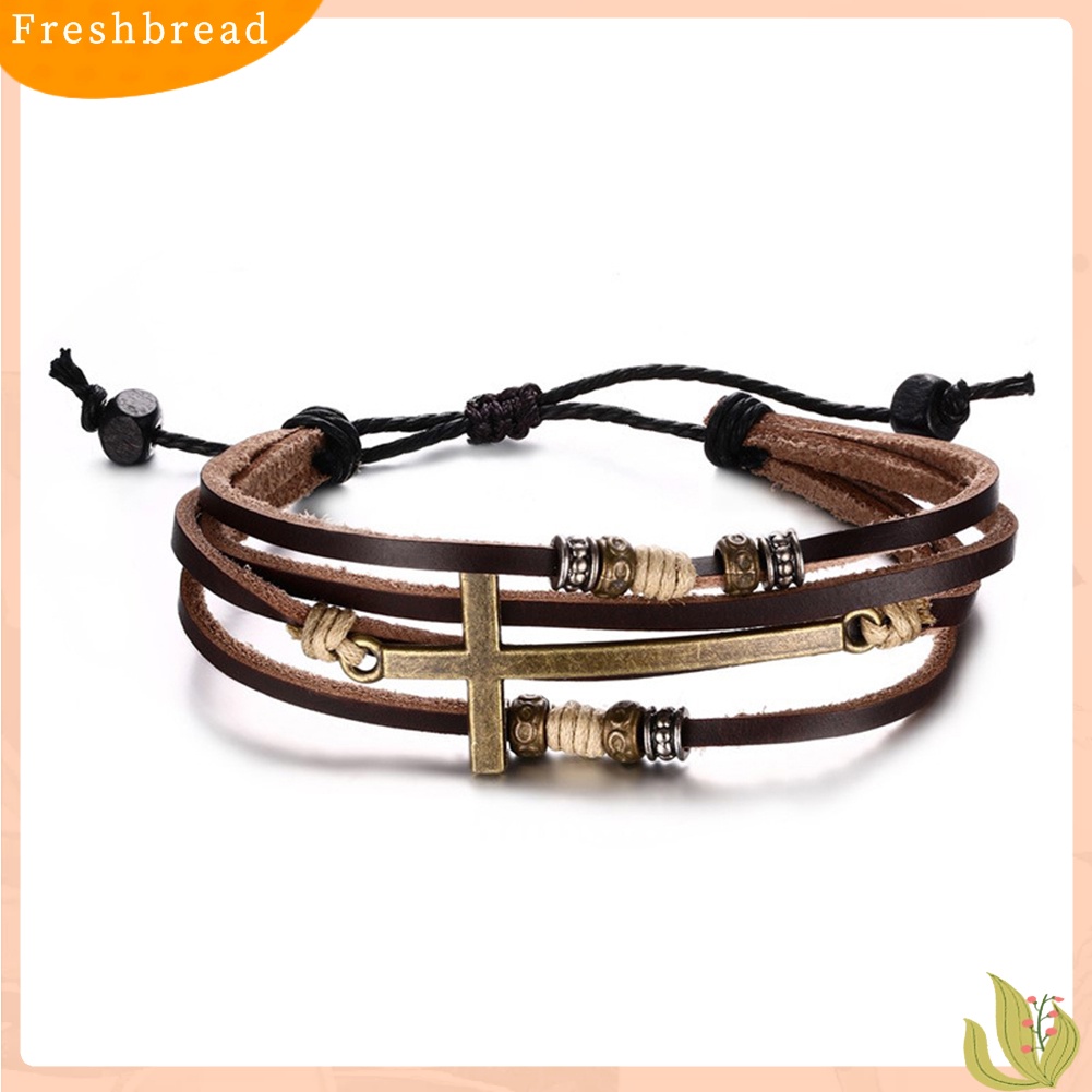 &lt; Freshbread &gt; Retro Faux Kulit Gelang Salib Bangle Wanita Pria Perhiasan Tali Adjustable Rantai