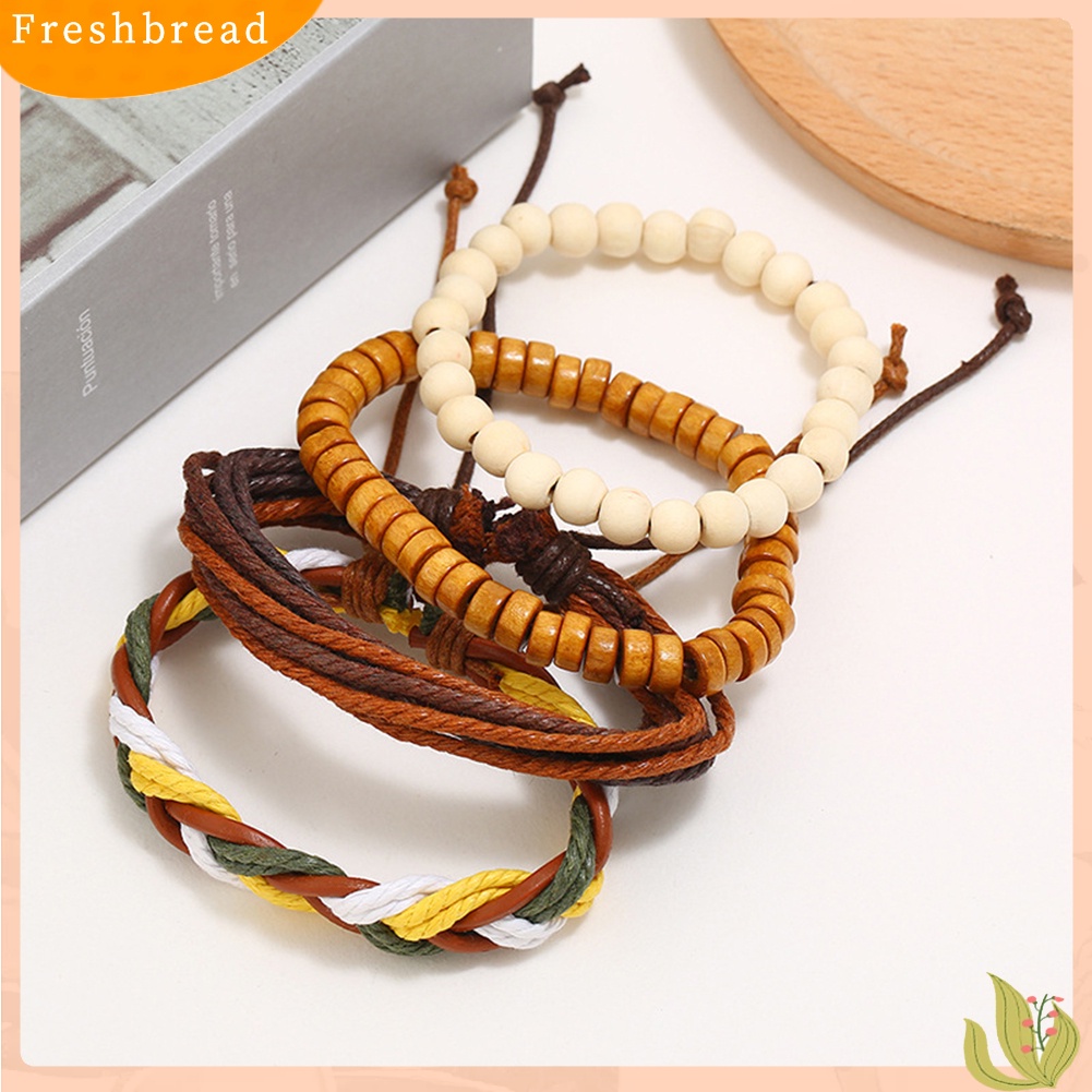 &lt; Freshbread &gt; 4Pcs/Set Vintage Wanita Manik-Manik Kayu Kulit Imitasi Menenun Gelang Bangle Hadiah