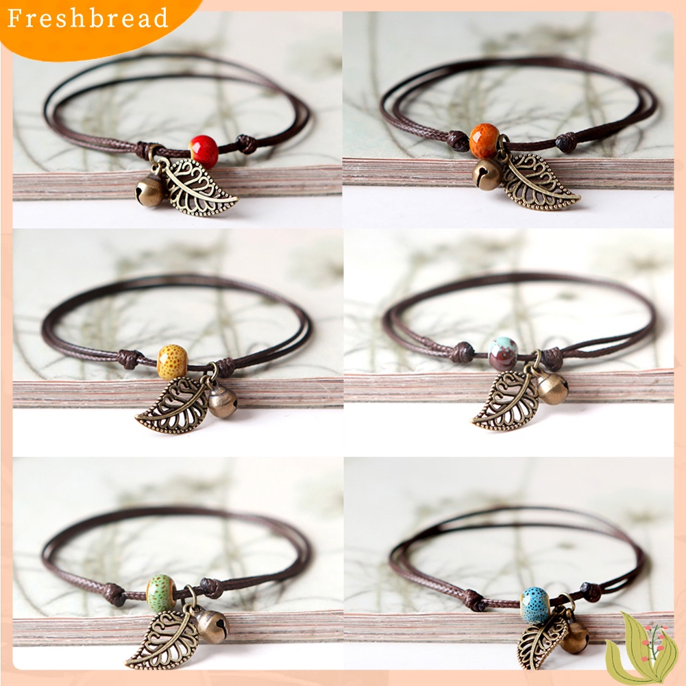 &lt; Freshbread &gt; Gelang Manik-Manik Keramik Bangle Tali Rantai Vintage Liontin Daun Perhiasan Pasangan