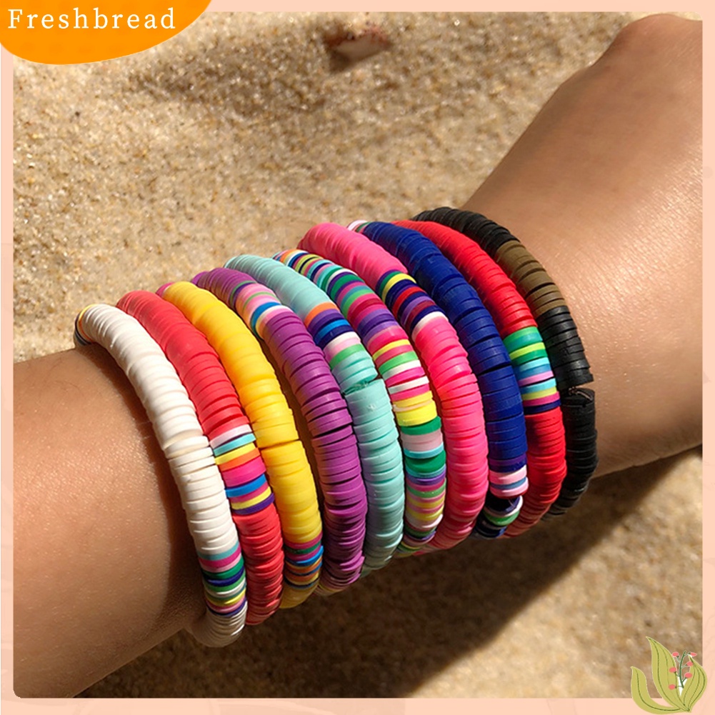 &lt; Freshbread &gt; 5/7Pcs Wanita Boho Rainbow Polymer Clay String Beads Gelang Gelang Bangle