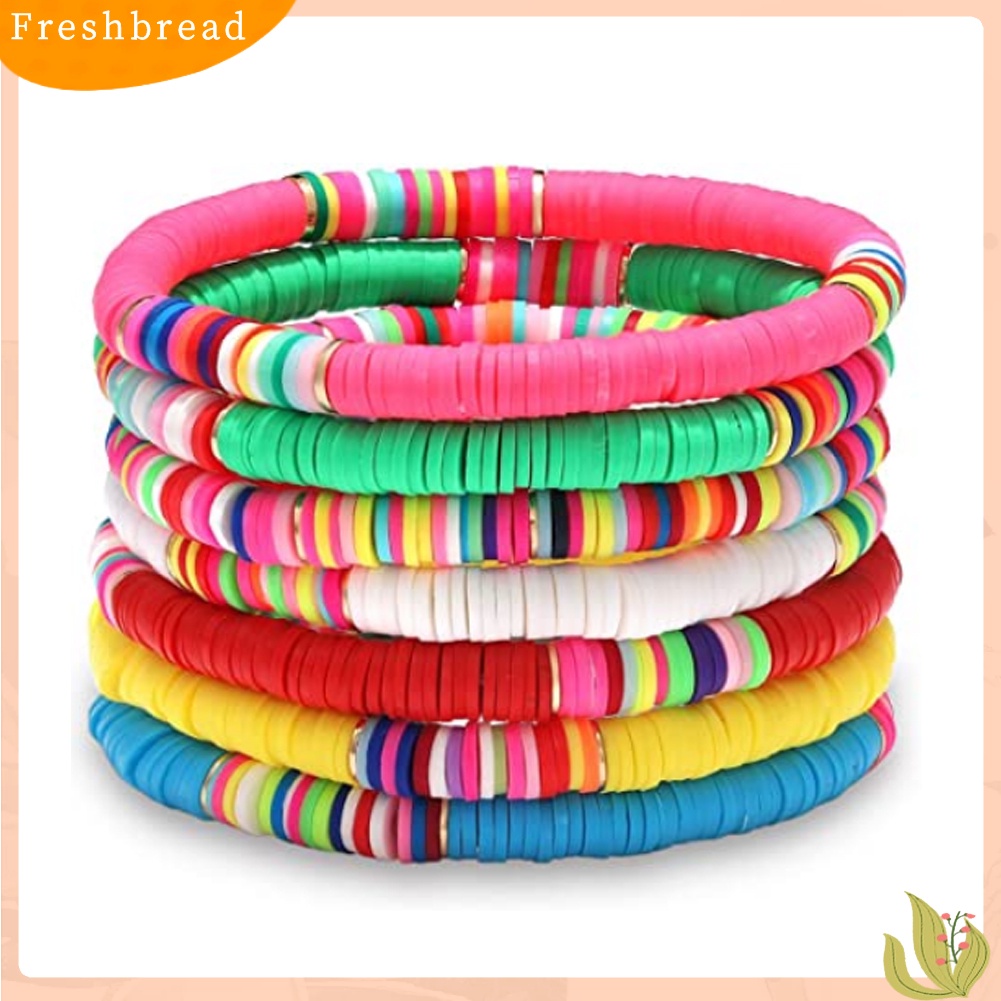 &lt; Freshbread &gt; 5/7Pcs Wanita Boho Rainbow Polymer Clay String Beads Gelang Gelang Bangle