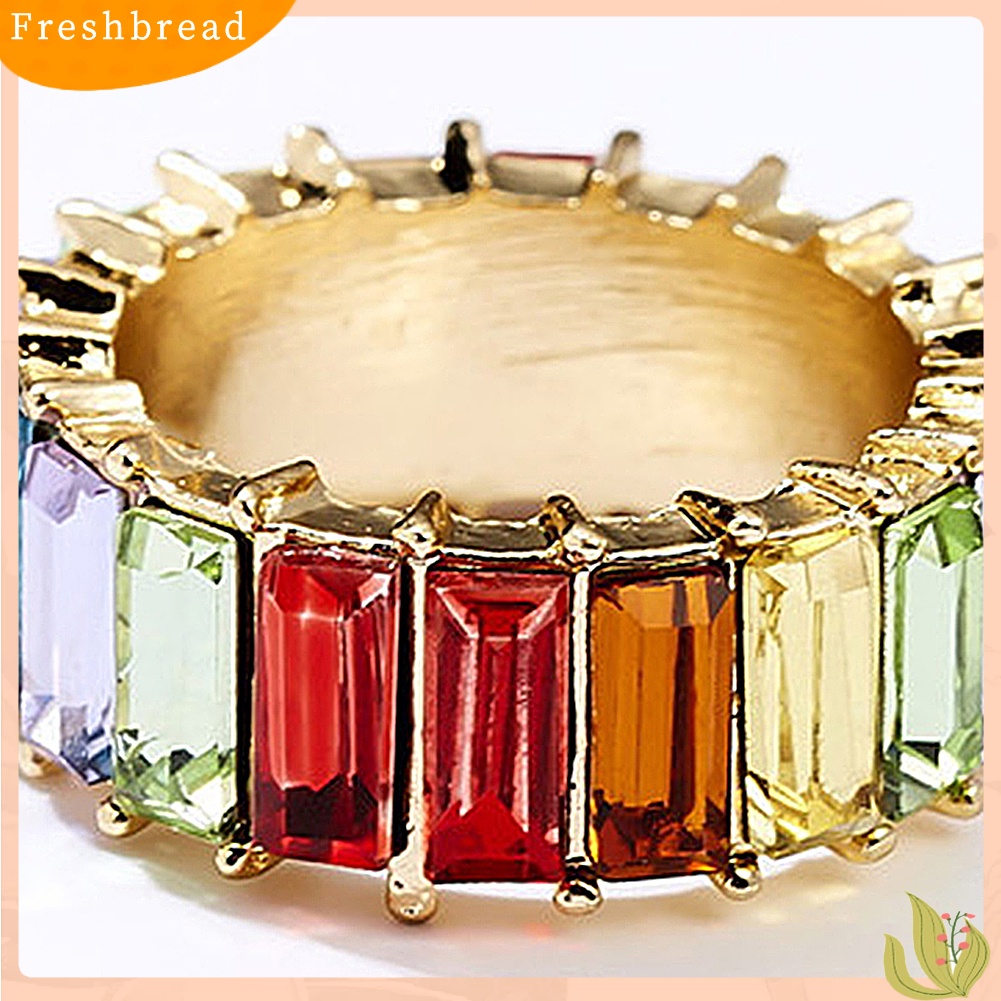 &lt; Freshbread &gt; Wanita Persegi Panjang Pelangi Berlian Imitasi Bertatahkan Jari Cincin Pesta Perhiasan Aksesori