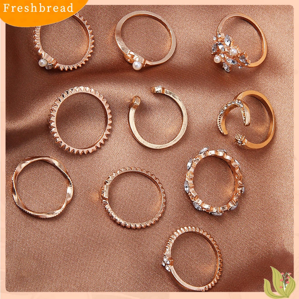 &lt; Freshbread &gt; 10Pcs Fashion Wanita Cincin Geometris/Daun/Bulan/Bentuk Hati Tidak Luntur Ringan Cincin Jari Kreatif Untuk Hadiah