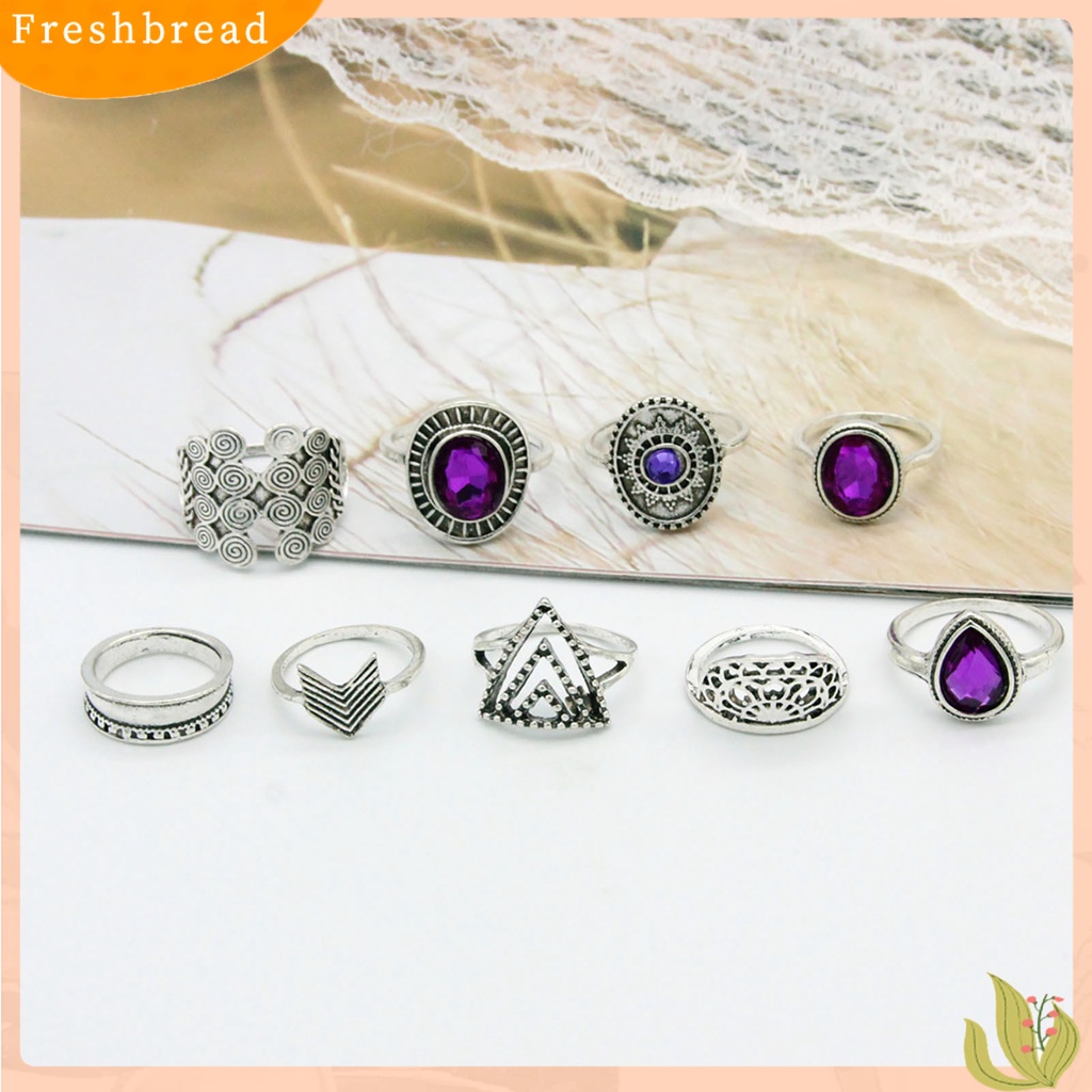 &lt; Freshbread &gt; 9Pcs/set Water Drop Stackable Knuckle Rings Alloy Bohemia Ungu Permata Imitasi Jari Rings Perhiasan Aksesori