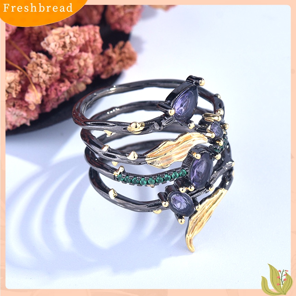 &lt; Freshbread &gt; Fashion Daun Bulu Berlian Imitasi Permata Imitasi Wanita Jari Cincin Pesta Perjamuan Perhiasan