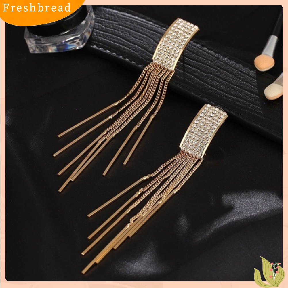 &lt; Freshbread &gt; Wanita Fashion Berlian Imitasi Rumbai Panjang Menjuntai Eardrop Stud Earrings Perhiasan Hadiah