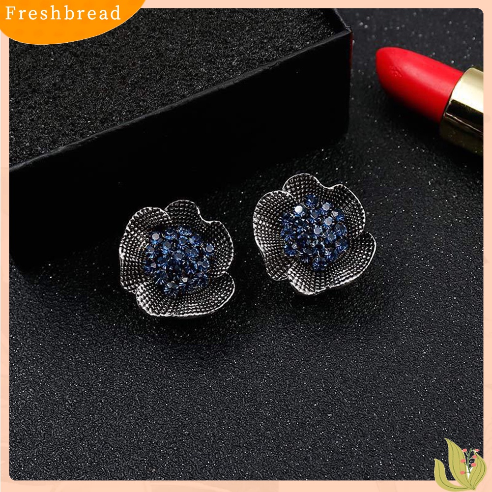 &lt; Freshbread &gt; Vintage Wanita Berlian Imitasi Hias Bunga Mawar Bentuk Stud Earrings Perhiasan Hadiah