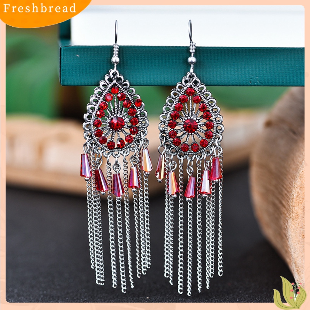 &lt; Freshbread &gt; 1pasang Anting Wanita Bentuk Tetesan Air Rumbai Berlian Imitasi Vintage Drop Earrings Untuk Pakaian Sehari-Hari