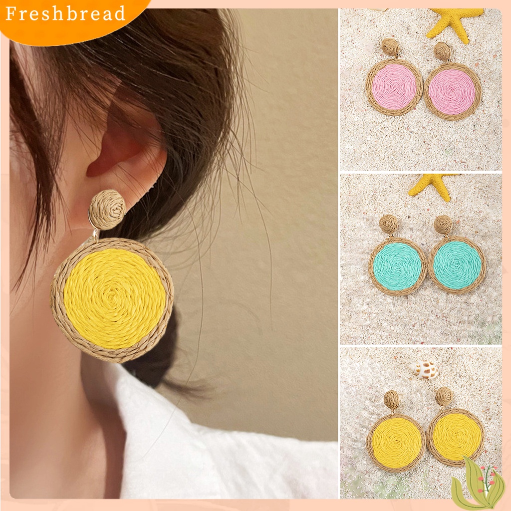 &lt; Freshbread &gt; 1pasang Anting Menjuntai Anyaman Rotan Warna Cerah Bulat Wanita Drop Earrings Aksesoris Perhiasan Untuk Liburan