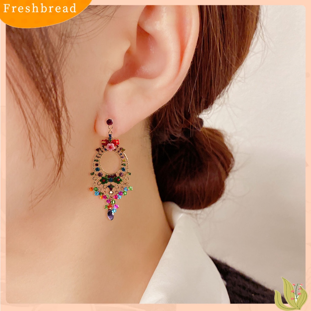 &lt; Freshbread &gt; 1pasang Anting Menjuntai Cantik Rumbai Manik Bunga Bohemian Warna-Warni Berlian Imitasi Drop Earrings Untuk Pacaran