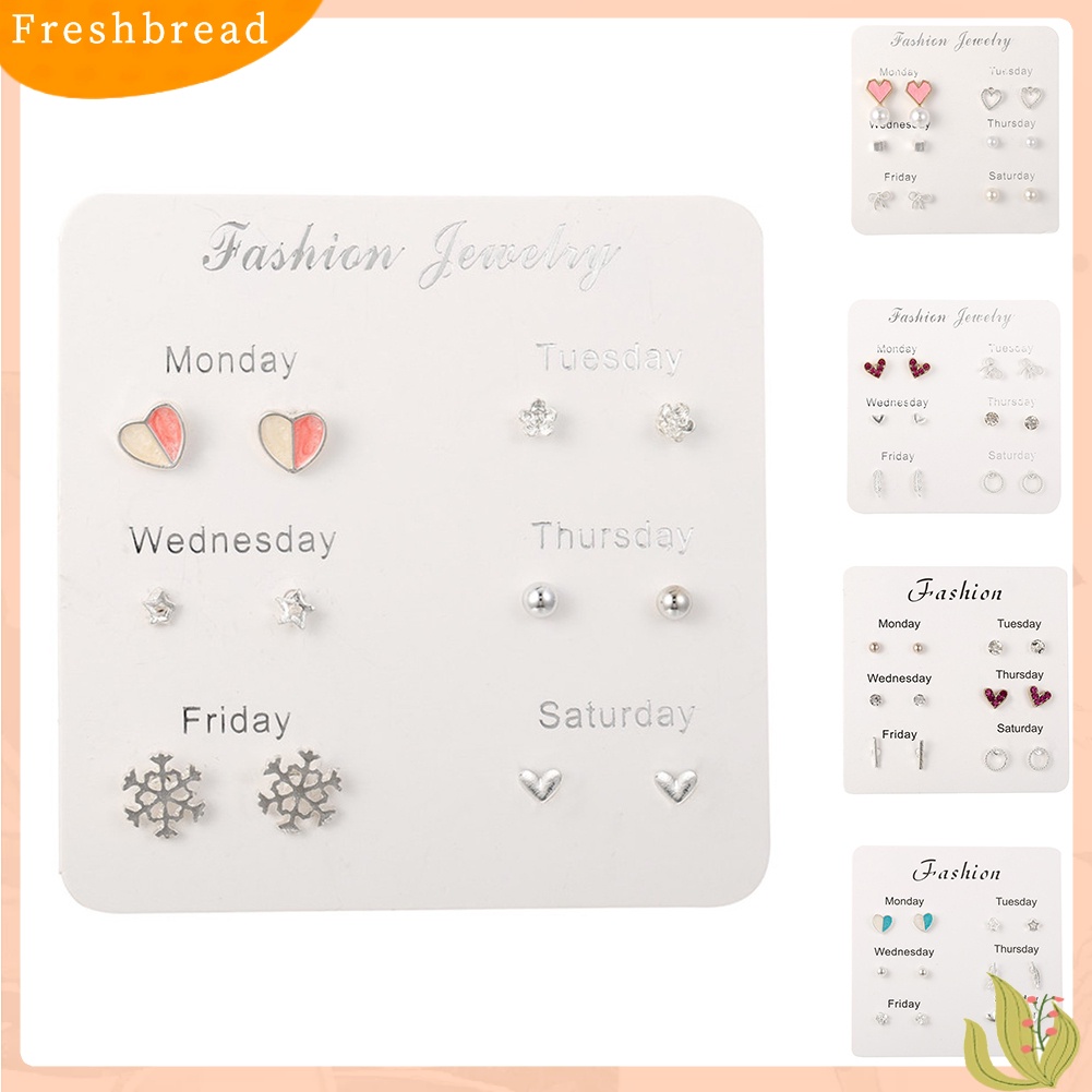 &lt; Freshbread &gt; 6pasang Wanita Snowflake Hati Bintang Daun Permata Imitasi Ear Stud Earrings Perhiasan Hadiah