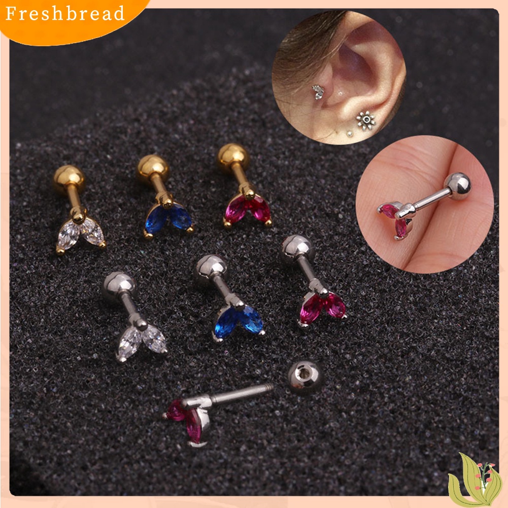 &lt; Freshbread &gt; 1Pc Wanita Cubic Zirconia Hias Daun Stud Anting Barbel Tulang Rawan Perhiasan Hadiah