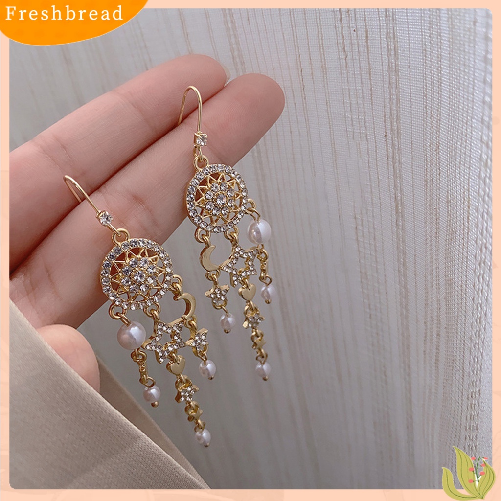 &lt; Freshbread &gt; 1pasang Drop Earrings Retro Panjang Rumbai Liontin Alloy Berlian Imitasi Tertanam Anting Kait Modis Untuk Pesta