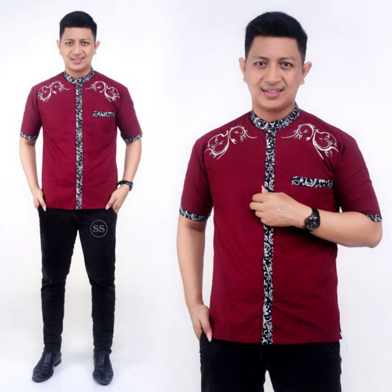 Kemeja Hem Koko batik pria baju batik kombinasi lengan pendek