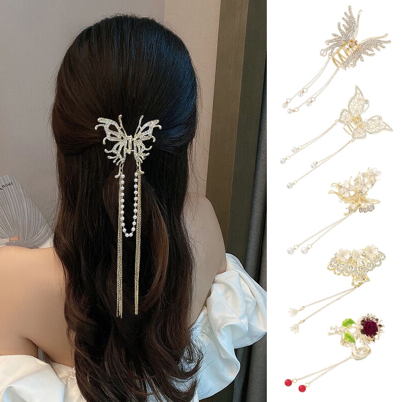 Korea Alloy Kupu-Kupu Mutiara Berlian Imitasi Jepit Rambut Hair Claw Kristal Rumbai Bunga Hair Clip Woman Aksesoris Rambut