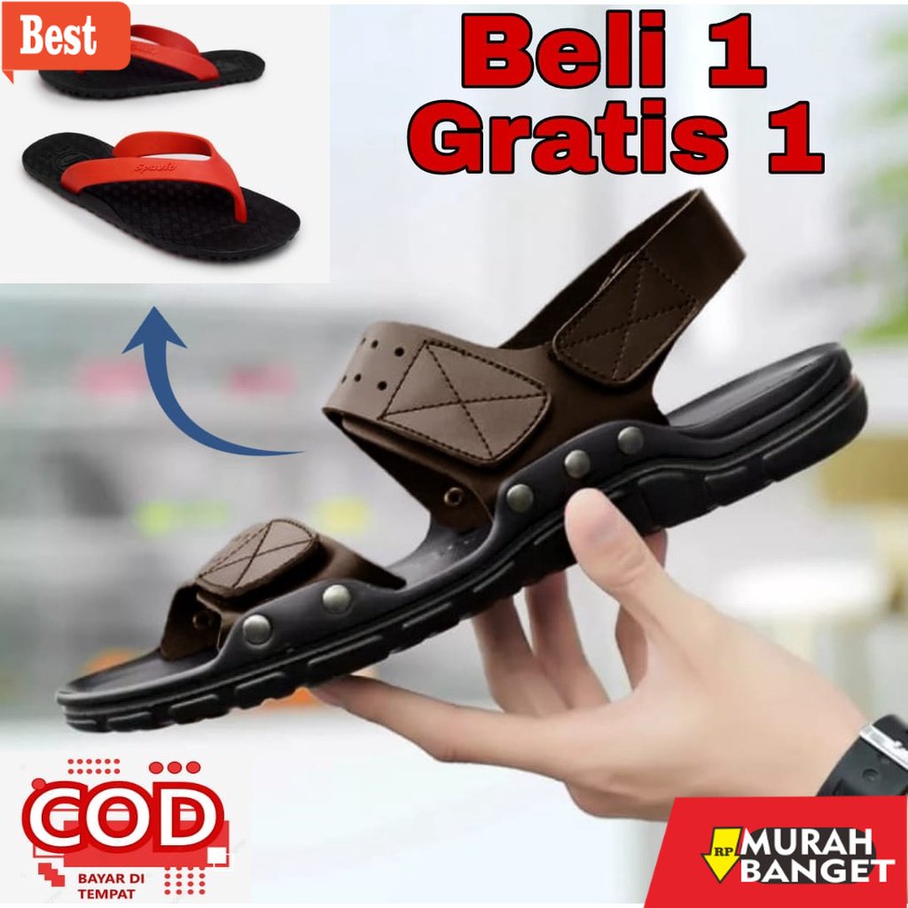 Cocok buat lebaran- Sandal Pria Beli 1 Gratis 1 Sandal Gunung Terbaru/Sandal Outdoor//Sandal Kulit P