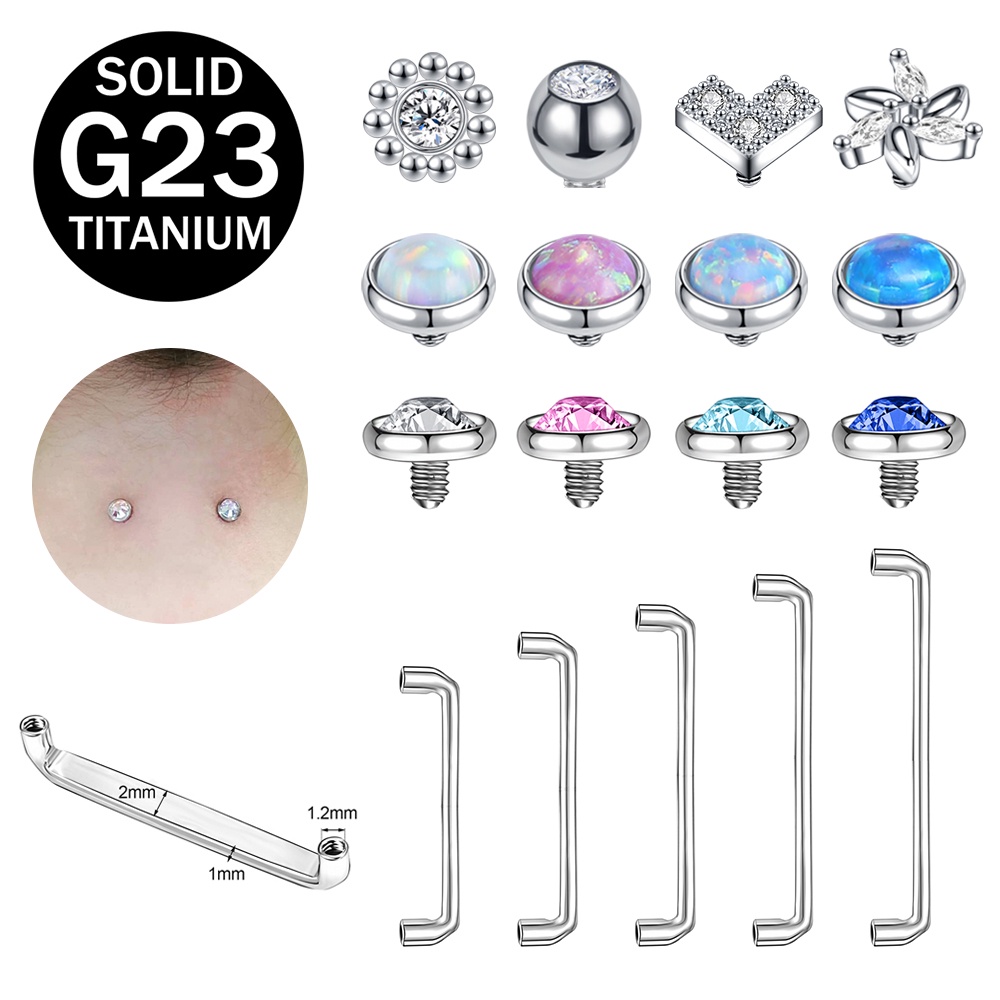 1pc 12-20mm G23 Titanium Drat Dalam Permukaan Kristal Barbel Piercing Micro Dermal Anchor Piercings Tindik Kulit