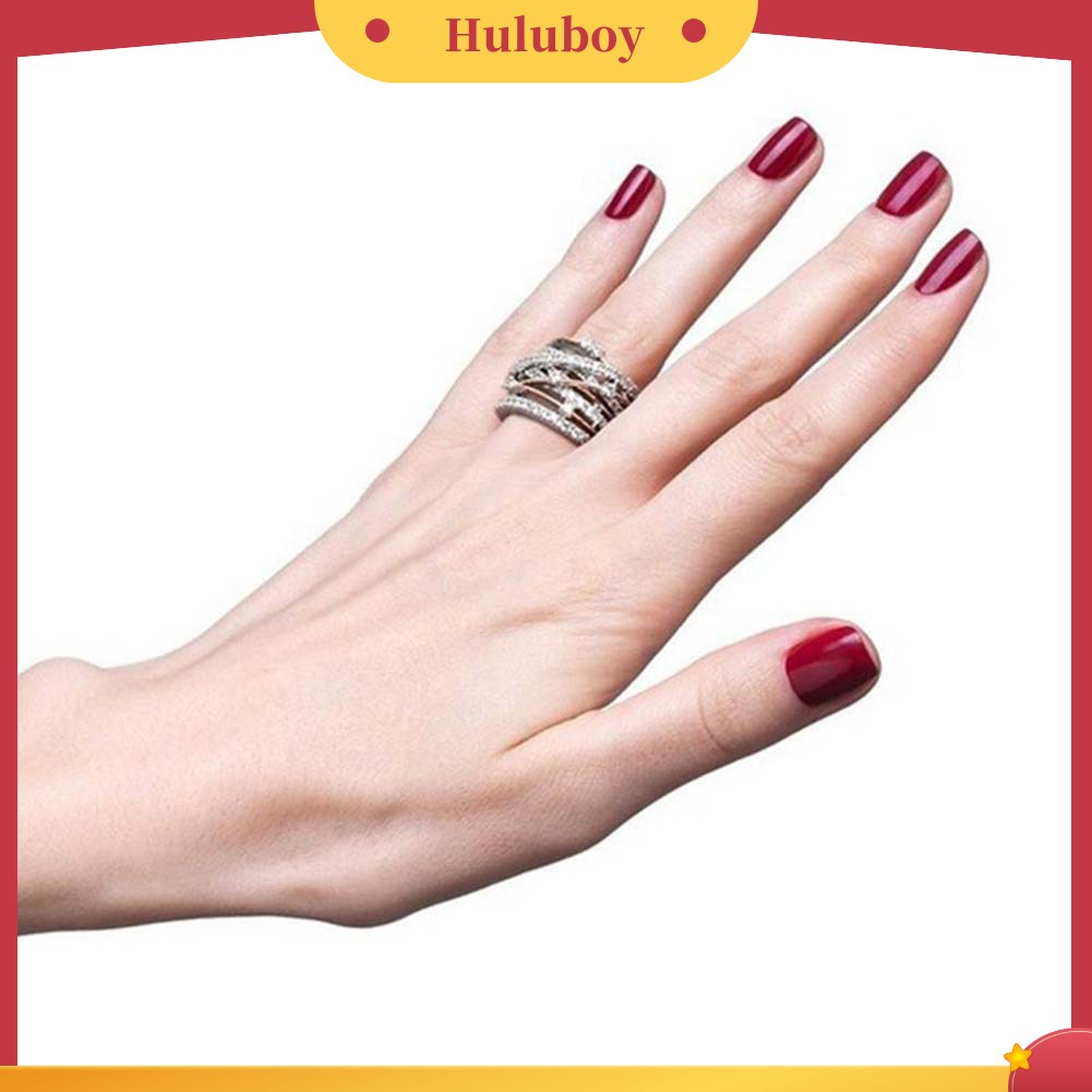 {Ready Stock} Wanita Berlian Imitasi Bertatahkan Crossover Lebar Band Jari Cincin Hadiah Perhiasan Pernikahan