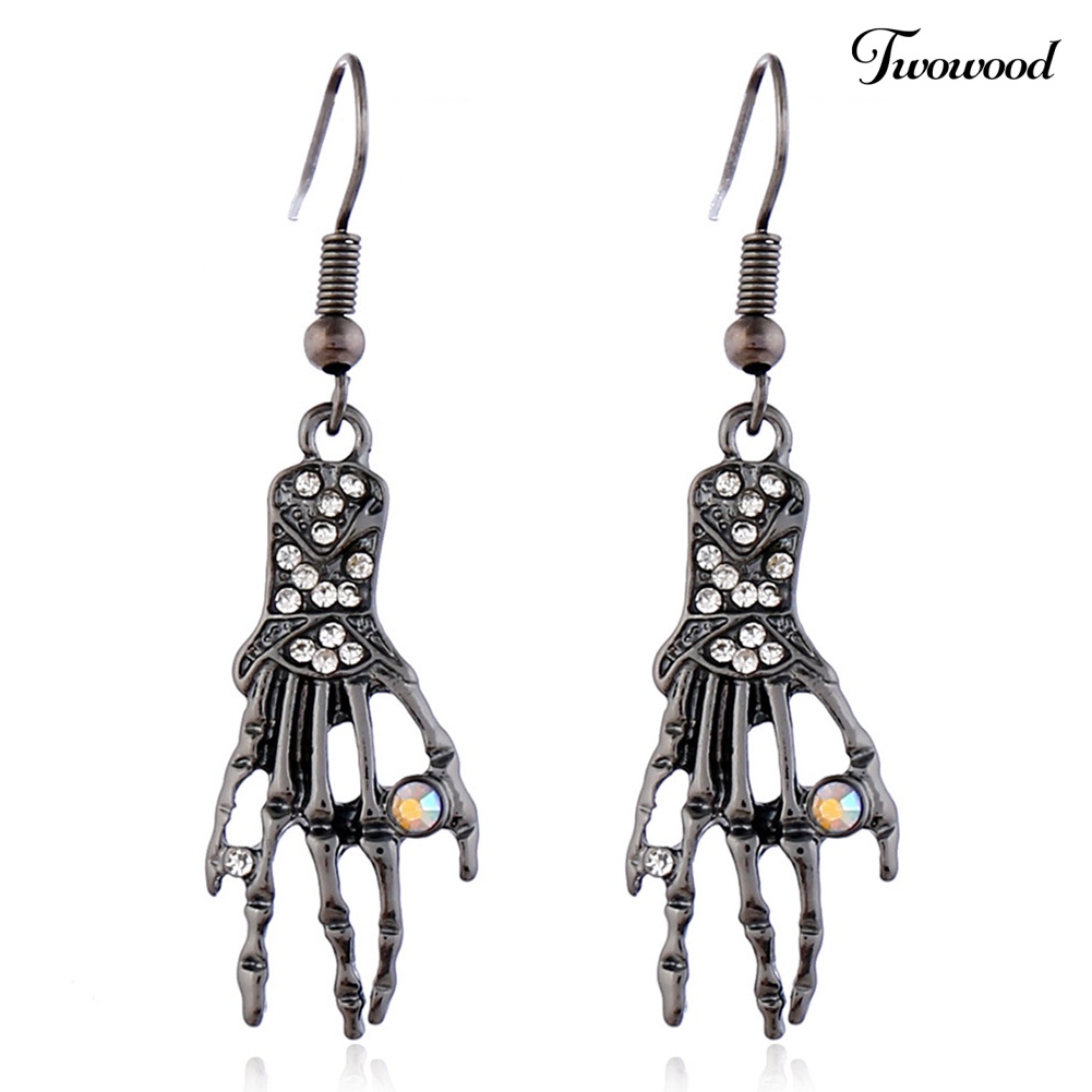 Twowood Alloy Rhinestone Skeleton Tangan Liontin Rantai Kalung Kait Anting Set Perhiasan