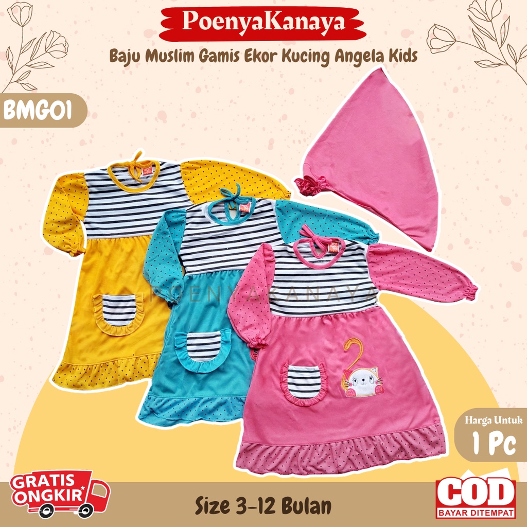 Baju Muslim Gamis Bayi Anak Perempuan dan Kerudung EKOR KUCING Angela Kids 3-12 Bln BMG01