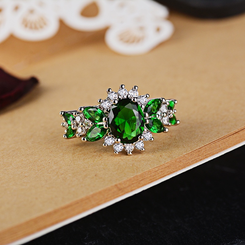 Goldkingdom Aksesoris Perhiasan Fashion Ready Stock Berlian Zamrud Set Cincin Wanita Kreatif Handwear
