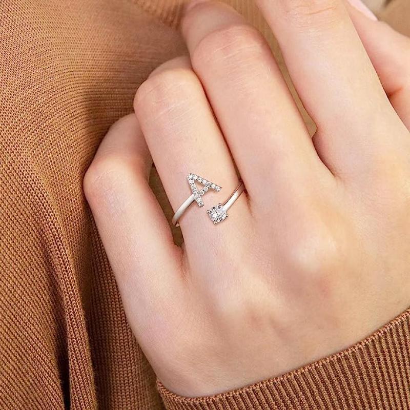 A-z Huruf Cincin Untuk Wanita Perak Anti Karat Kristal Pembukaan Yang Dapat Disesuaikan Cincin Nama Alfabet Perempuan Hadiah Perhiasan Pernikahan