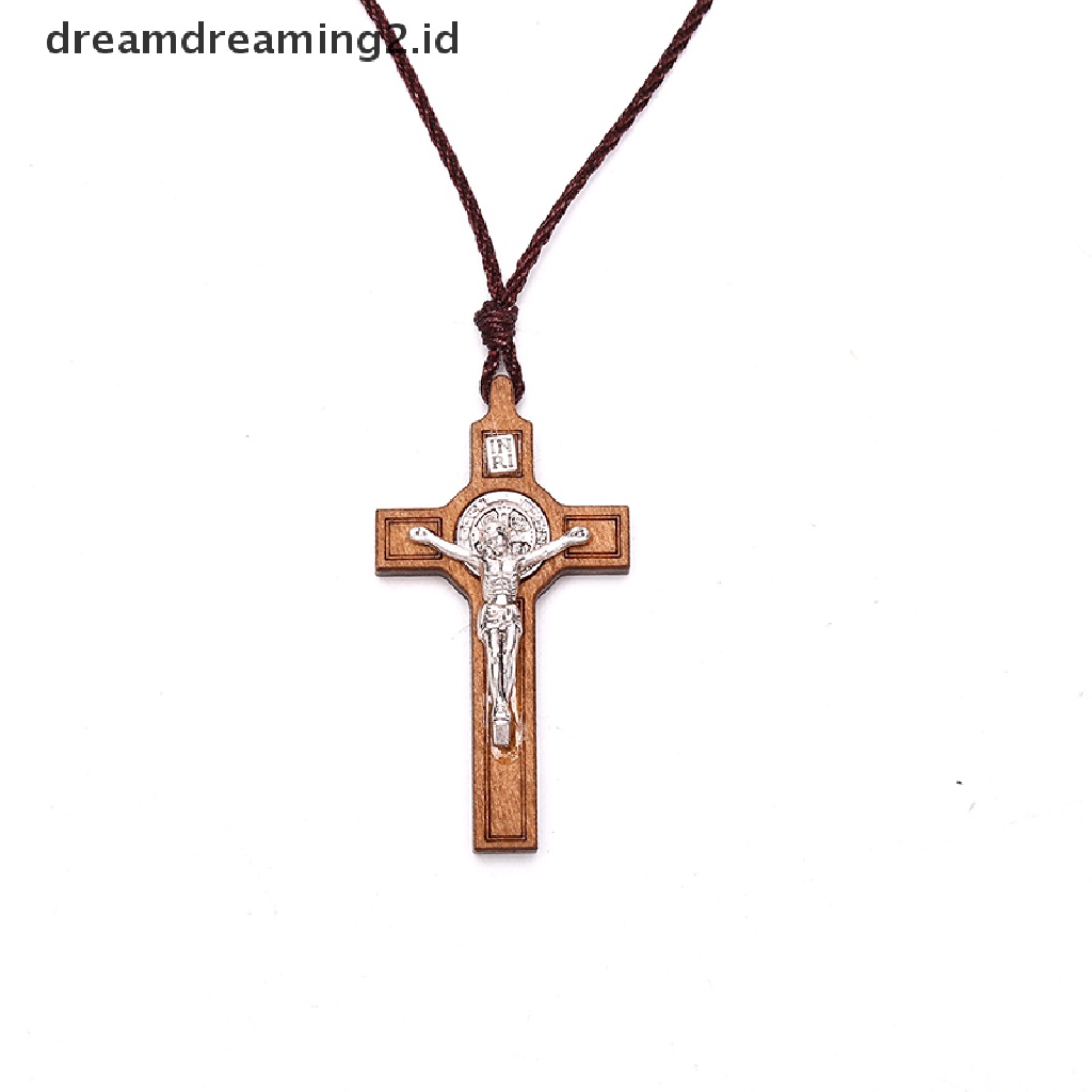 (hot) Retro Kalung Salib Yesus Kayu Liontin Logam Perhiasan Pesona Kalung Hadiah//