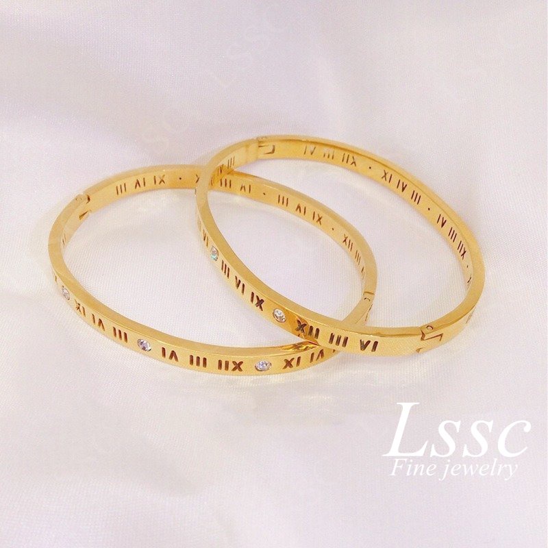 Gelang Titanium Wanita Anti Karat Berlian Emas 18K Romawi Elegan Korea Bangle Aksesoris Perhiasan Fashion