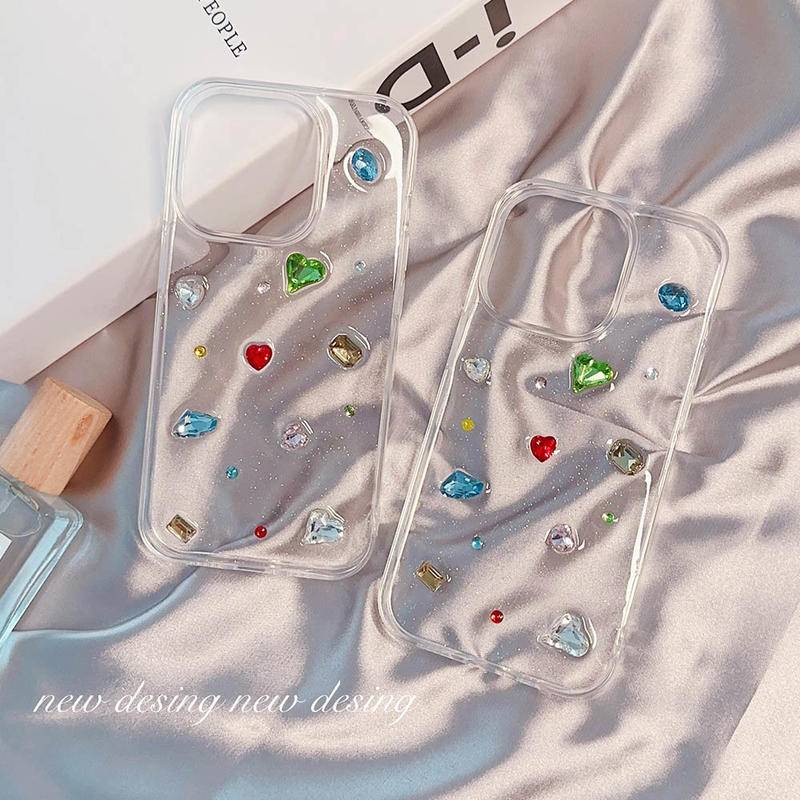 Lucu Drop Lem Warna-Warni 3D Cinta Hati Berlian Imitasi Glitter Transparan Case Untuk Iphone14 13 12 11 Pro MAX Plus Mini Penutup Belakang Funda Untuk iPhone X XS MAX XR 7 8 Plus SE 2022 2020