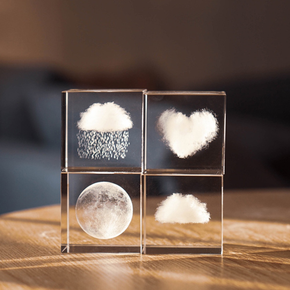 1set Kubus Kristal Transparan Unik 4CM Dengan Ukiran Bulan Craft Barang Hias Idaman Untuk Meja Dan Hadiah Ulang Tahun Indah Untuk Pelajar