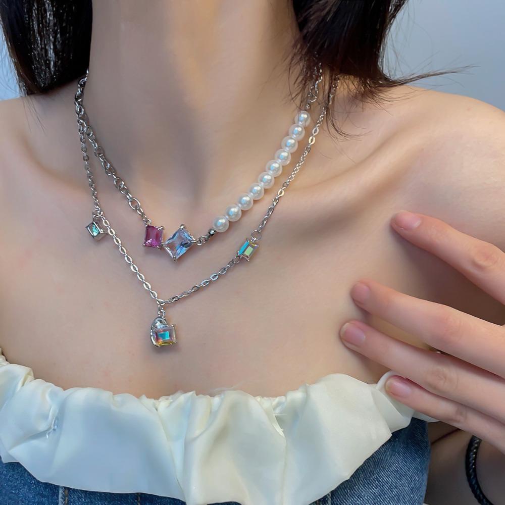 Needway Wanita Kalung Trendi Pesta Mutiara Warna-Warni Kristal Mengkilap Gaya Korea Necklace