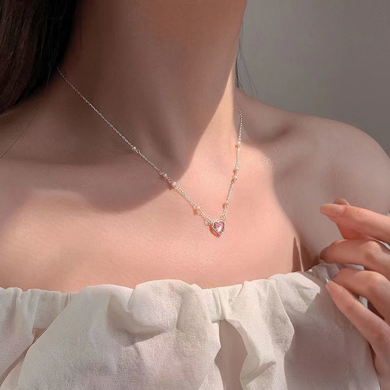 Kalung Liontin Hati Zirkon Pink Elegan Untuk Wanita Mutiara Emas Rantai Choker Aksesoris Perhiasan