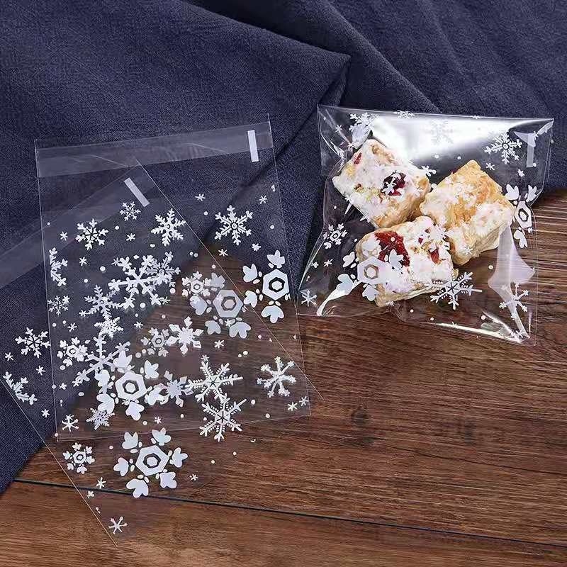 100 Pcs Multi-specification White Snowflake Biskuit Kue Cookies Barang Panggang Kantong Kemasan Plastik Portabel Halus Praktis Transparan Self-adhesive Candy Gift Bags