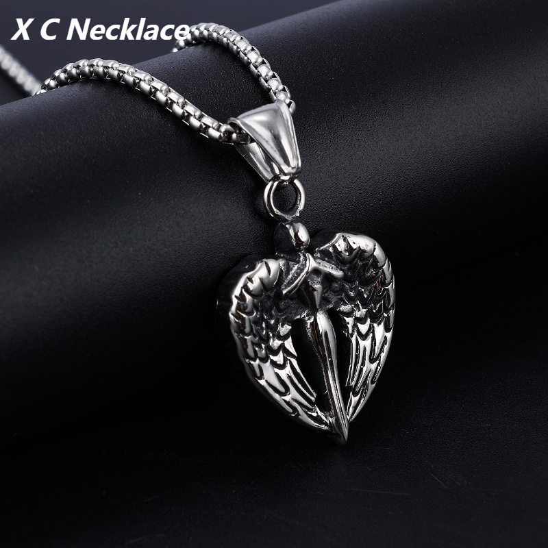 [X C Kalung] Perak Baru Hip Hop Punk Vintage Besar Bersayap Malaikat Liontin Kalung Untuk Pria Dan Wanita Festival Hadiah Perhiasan
