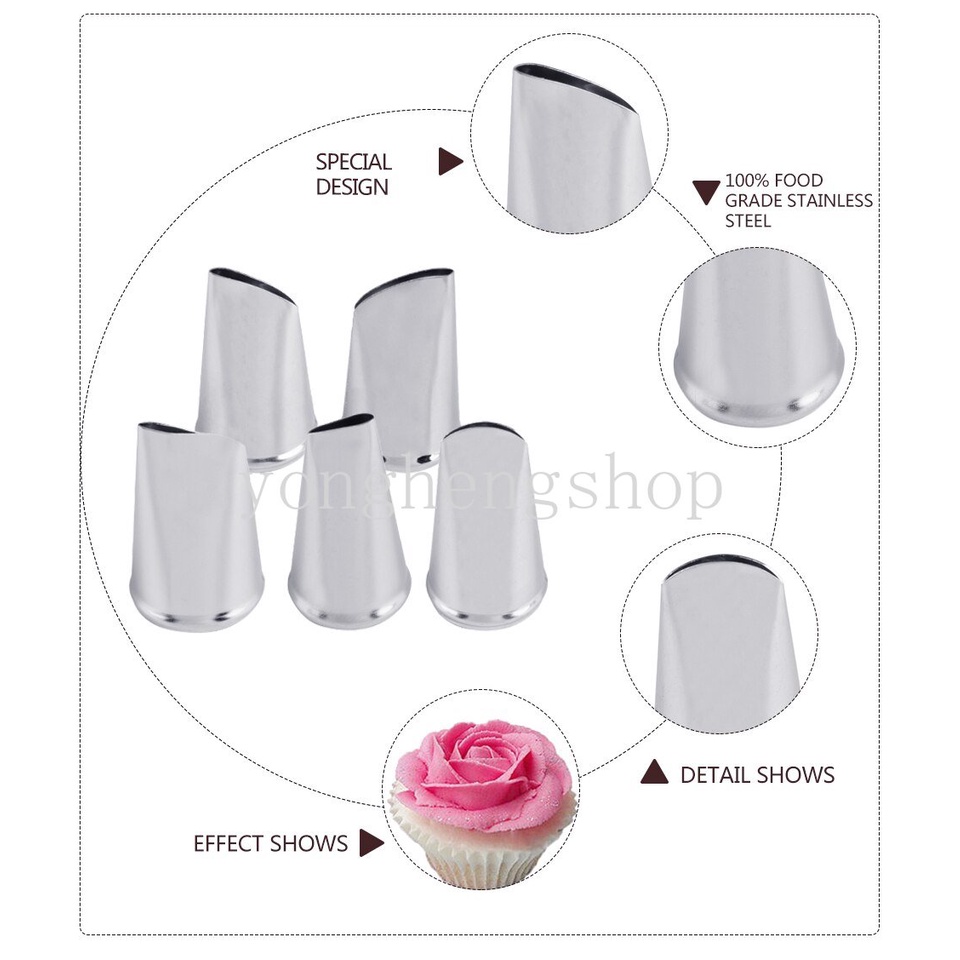 5pcs/set Kelopak Bunga Mawar Stainless Steel Icing Piping Nozzle Dessert Maker Cream Tips DIY Fondant Kue Cupcake Dekorasi Baking Pastry Alat