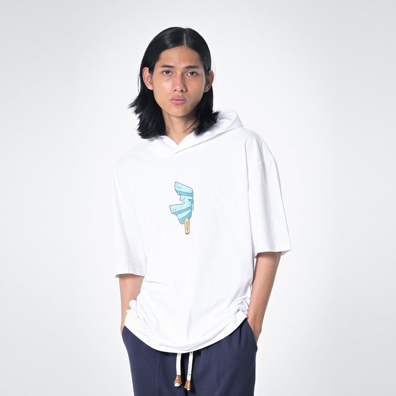 Ready Stock - 3Second Kaos Hoodie Lengan Pendek Pria Katun Desain Melting Ice Cream T Shirt Hoodie C