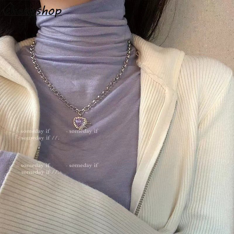 Ifyou Kalung Liontin Zirkon Hati Ungu Simple Kristal Rantai Silver Choker Untuk Aksesoris Perhiasan Wanita