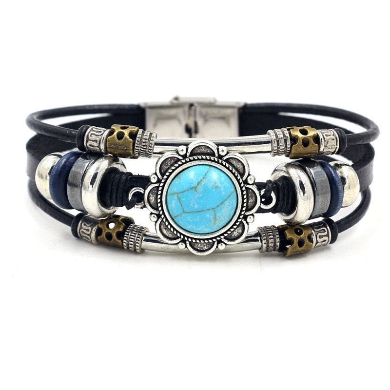 [Z H Perhiasan] Vintage Turquoise Gemstone Gelang Kulit Pria Dan Wanita Fashion Stainless Steel Multilayer Manik-Manik PU Gelang Punk Rock Pesta Perhiasan Aksesoris