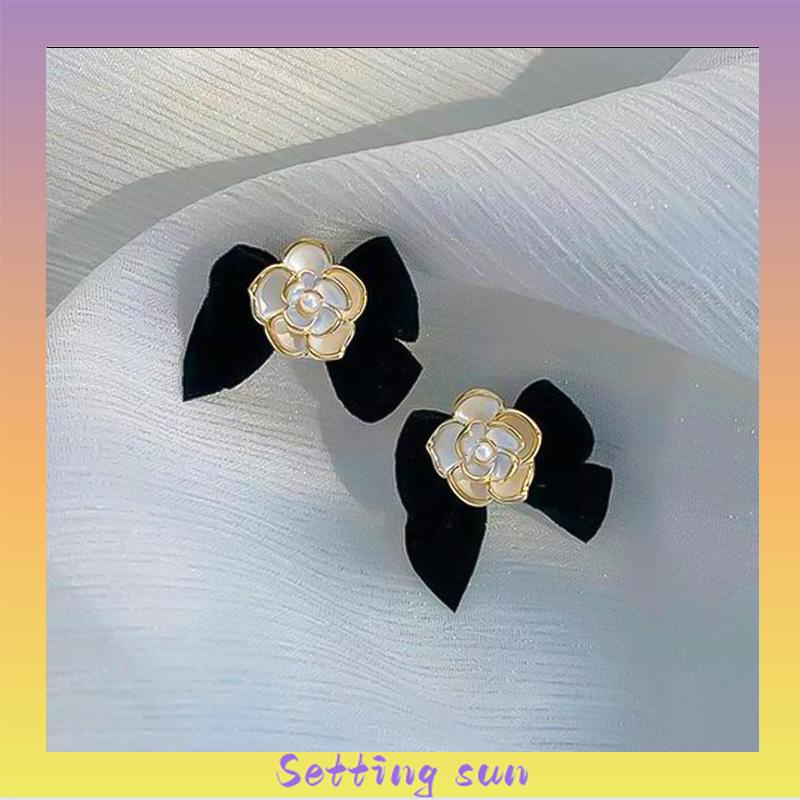 Anting bunga Camelia Korea anting busur Vintage Prancis anting premium desain untuk wanita TN