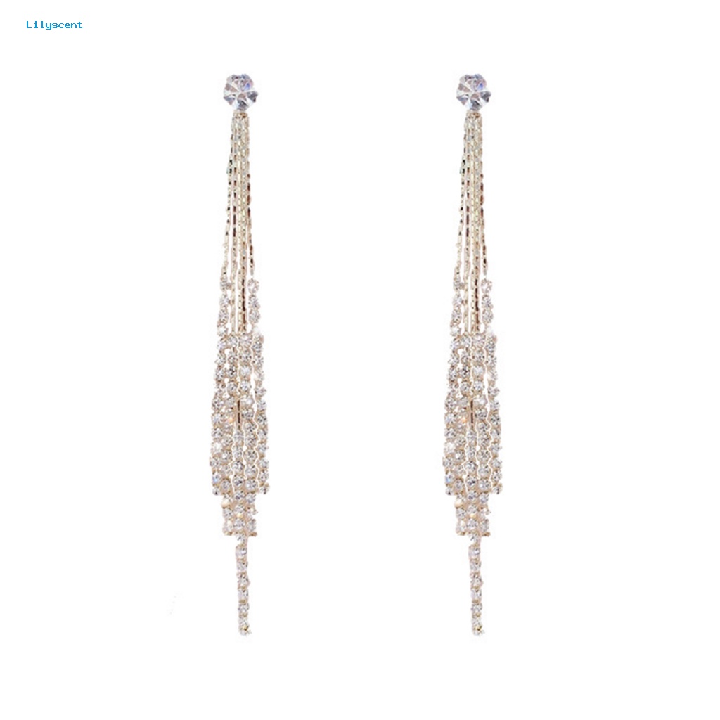 Lilyscent 1pasang Hypoallergenic Drop Earrings Perhiasan Aksesoris Berlian Imitasi Hias Jumbai Linear Earrings Elegan