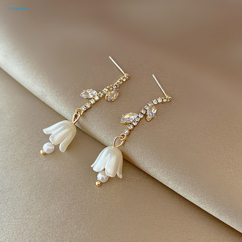 Lilyscent 1pasang Nyaman Dipakai Stud Earrings Untuk Pacaran Berlian Imitasi Tertanam Bunga Drop Earrings Mulia