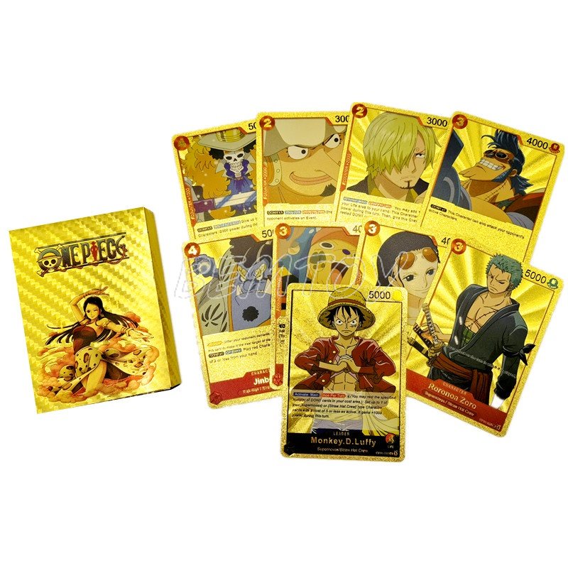55pcs/box Kartu Inggris Metal One Piece Gold Anime Luffy Nami Robin Zoro Pattern Game Card Mainan Koleksi