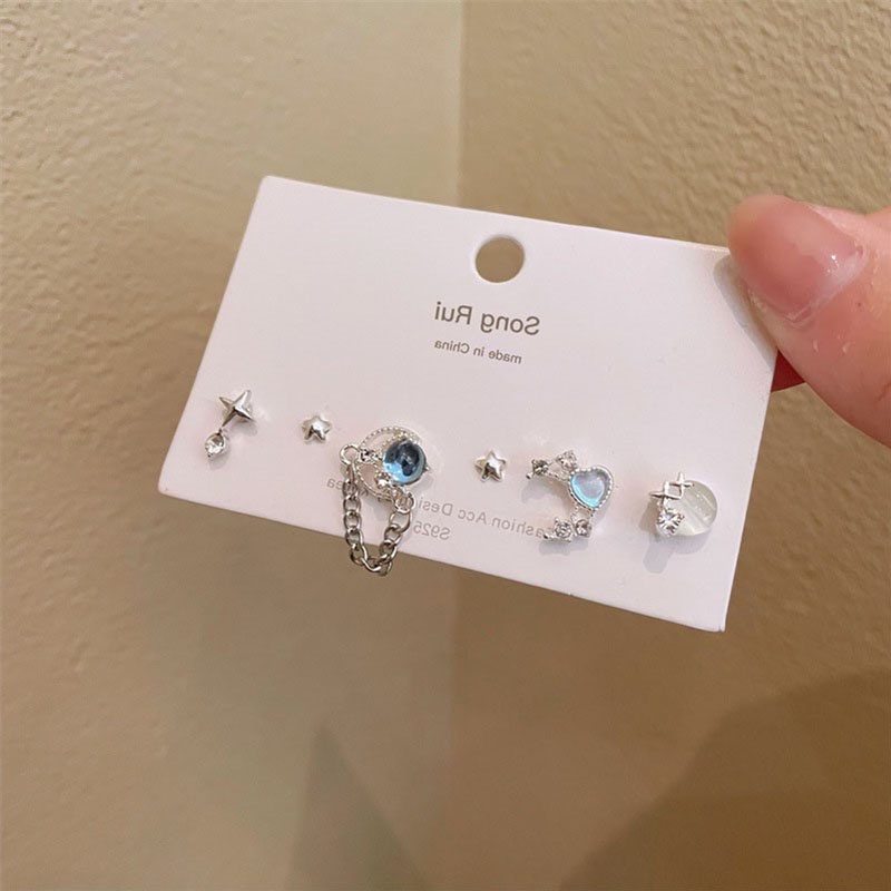 6pcs/set Set Anting Tusuk Fashion Alloy Kristal Hati Bintang Geometris Untuk Wanita