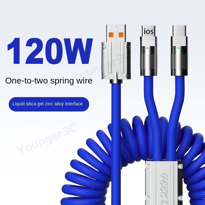 120w Dual Head Super Fast Charging Cord 2in1 Zinc Alloy Spring Telescopic Data Line 6A Flash Charging Extended Spring Cable Untuk ios Type C