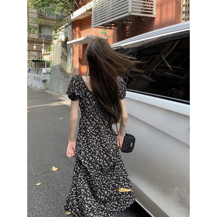 Red French floral dress wanita musim semi dan musim panas baru hitam high-end rok panjang celah temperamen desain akal ceruk istirahat teh