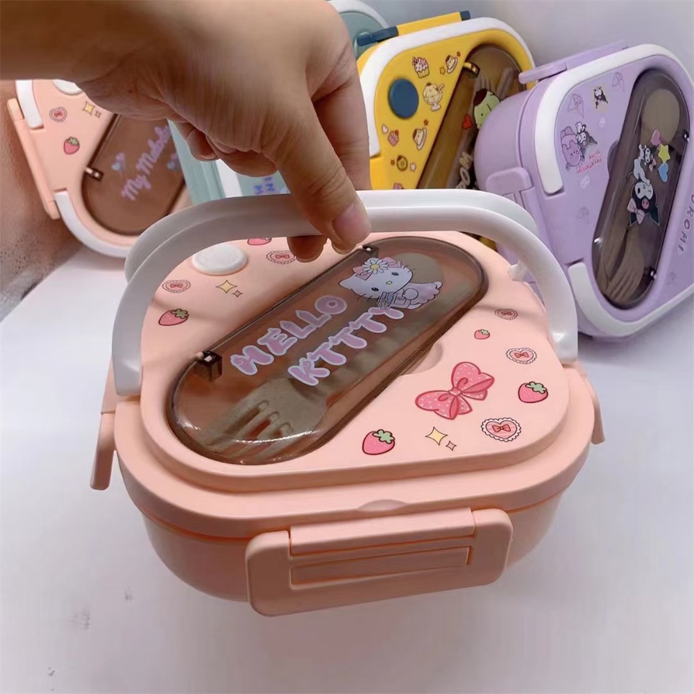 ღ Sanrio Lunch Box Set Kawaii Cinnamoroll Melody Kuromi Purin Microwave Kotak Makan Siang Siswa Tiga Kompartemen Dengan Peralatan Makan Kotak Pemelihara Segar Lucu