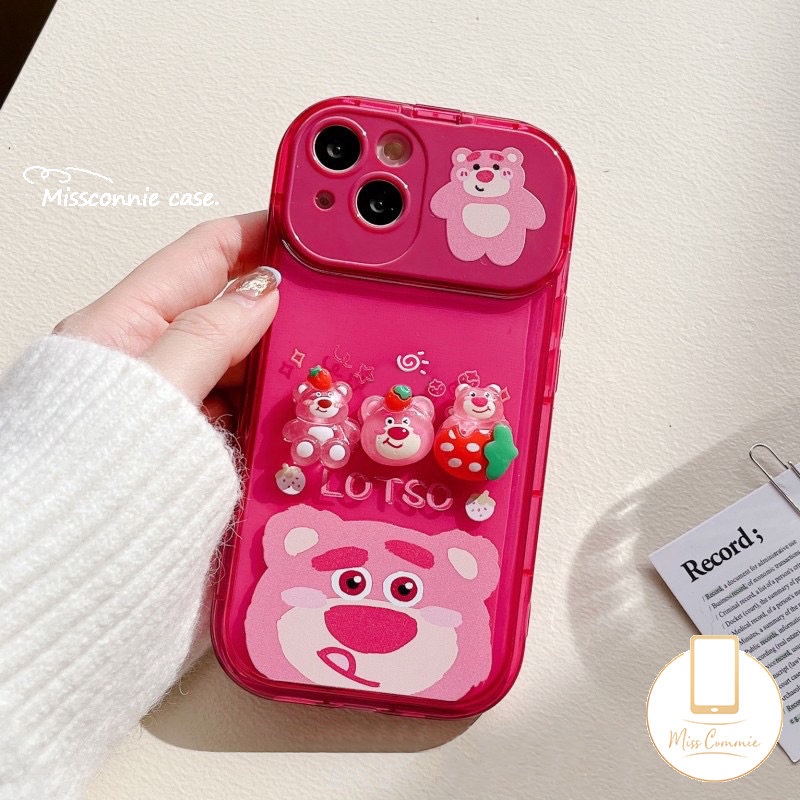 Mainan 3D Flip Make Up Mirror Case Kompatibel Untuk iPhone 11 Pro MAX 7Plus 14 12 13 Pro MAX 7 8 14 Plus XR 11 14 X XS MAX SE Kartun Strawberry Bear Cute Manyo Shockproof Soft Cover