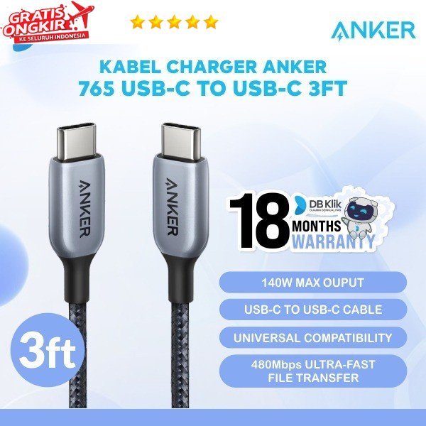 Kabel Charger Anker 765 USB-C to USB-C 140W (3ft Nylon) - Anker A8865